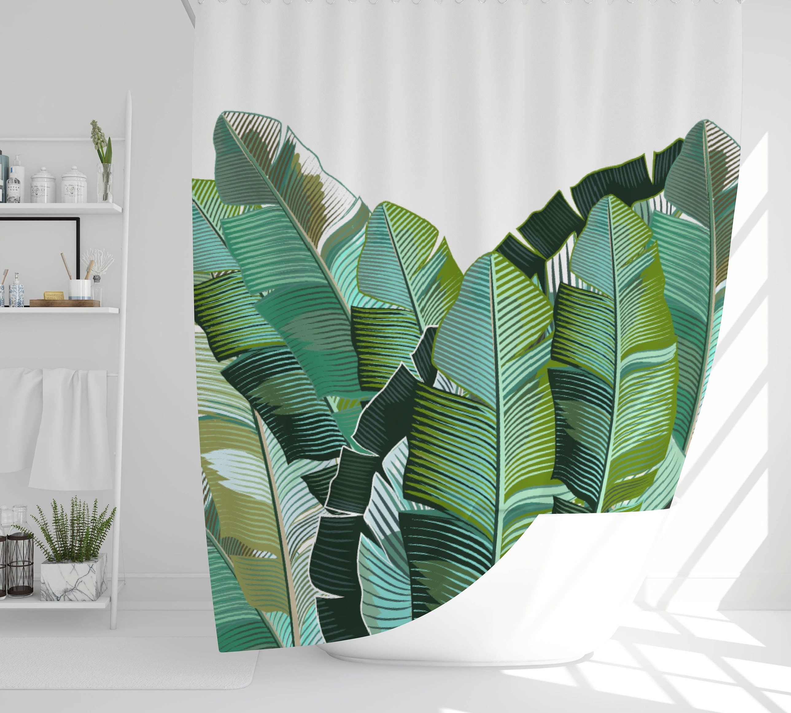 Trendy Tropical Botanical Shower Curtain With Banana Leaf Print, Perfect Home Decor Gift