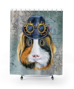 Tri Color Watercolor Steampunk Guinea Pig Theme Bathroom Shower Curtain 
