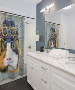Tri Color Watercolor Steampunk Guinea Pig Theme Bathroom Shower Curtain