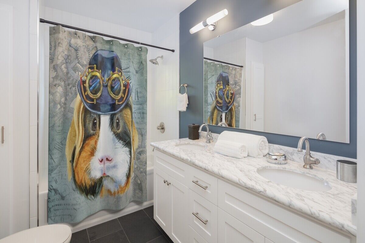 Tri Color Watercolor Steampunk Guinea Pig Theme Bathroom Shower Curtain