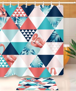 Triangle Tropical Leaves And Flamingo Geometric Pattern Shower Curtain