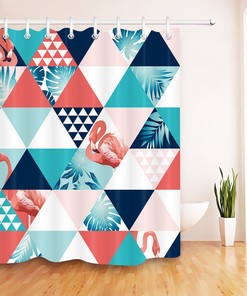 Triangle Tropical Leaves And Flamingo Geometric Pattern Shower Curtain