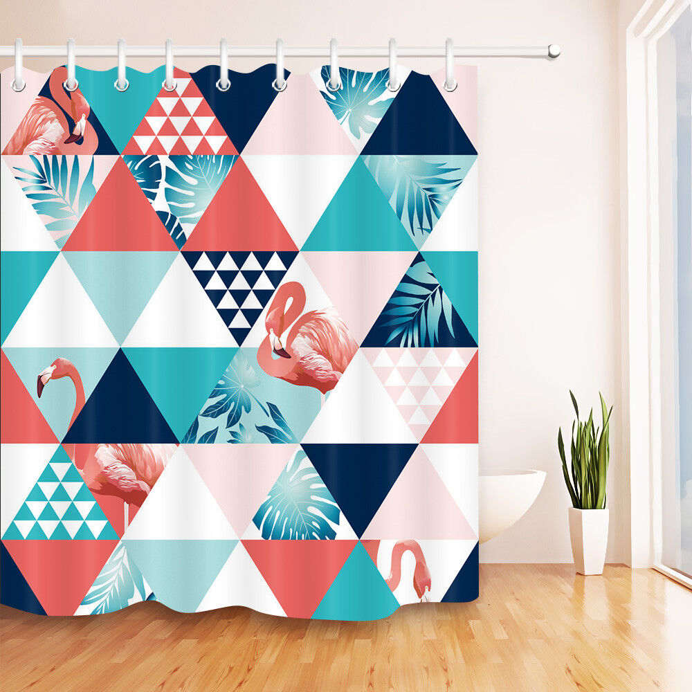 Triangle Tropical Leaves And Flamingo Geometric Pattern Shower Curtain