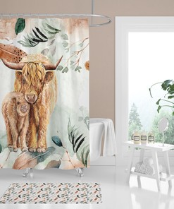 Tribal Kids Bathroom Decor With Highland Cow And Feather Print