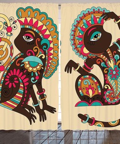 Tribal Monkey Tailed Posing Animal Curtains, Living Room Bedroom Window Drapes 2 Panel Set
