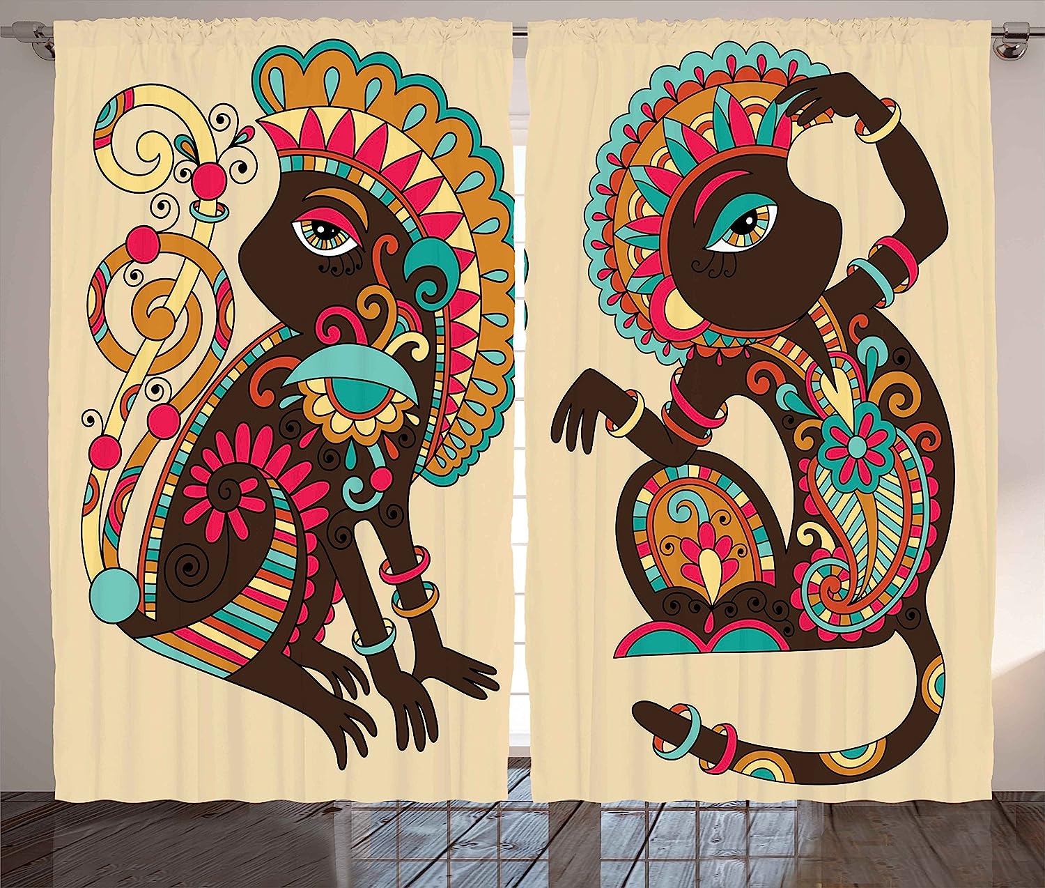 Tribal Monkey Tailed Posing Animal Curtains, Living Room Bedroom Window Drapes 2 Panel Set
