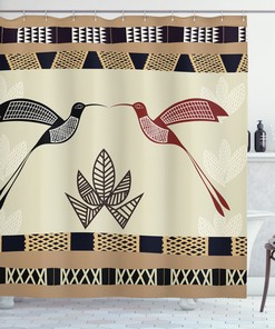 Tribal Pattern Art Print Shower Curtain with Image of Bamboo and Hummingbirds by Ikfashoni