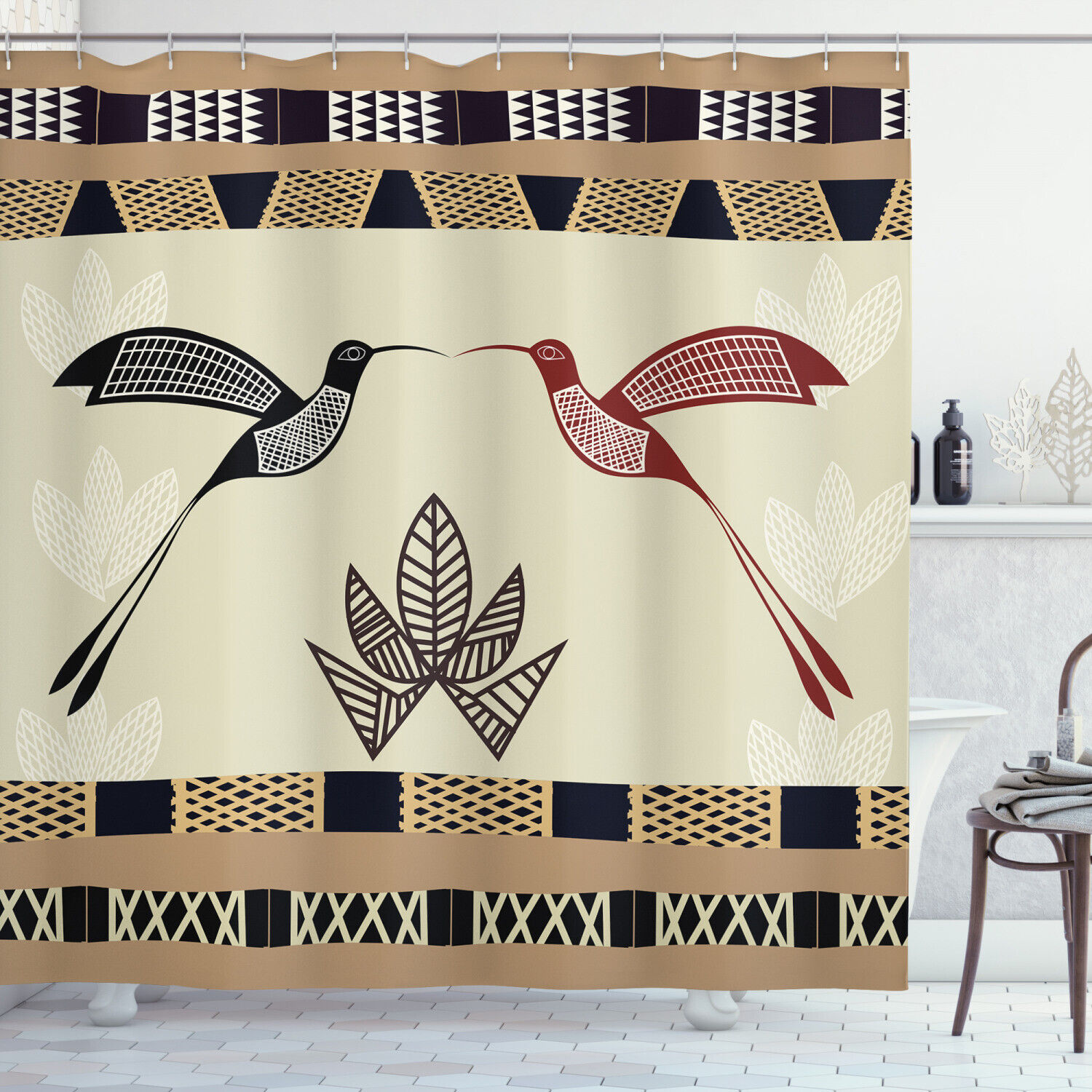 Tribal Pattern Art Print Shower Curtain with Image of Bamboo and Hummingbirds by Ikfashoni