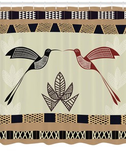 Tribal Pattern Art Print Shower Curtain with Image of Bamboo and Hummingbirds by Ikfashoni