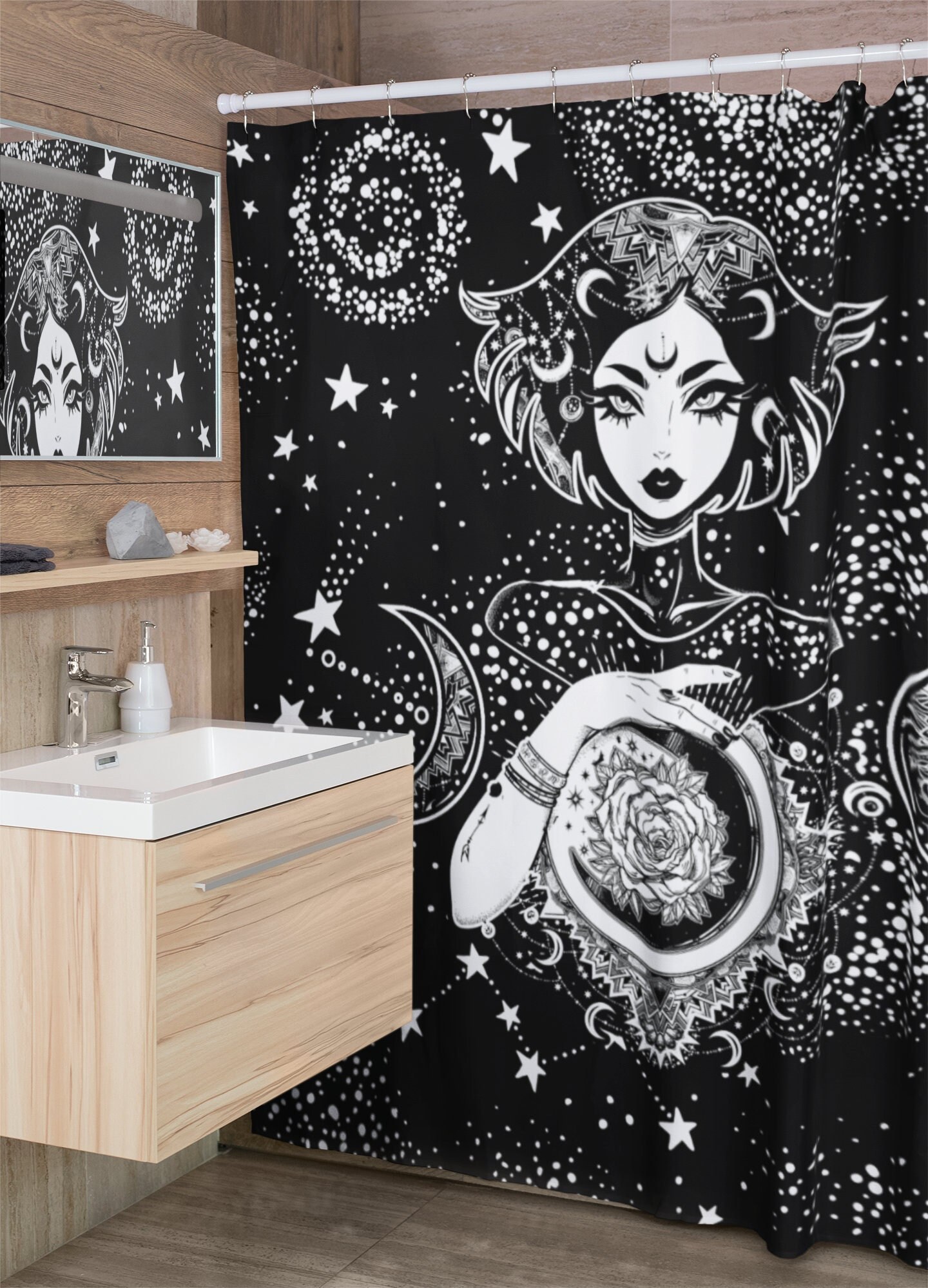 Triple Moon Goddess Print Shower Curtain for Spiritual Bathroom Decor
