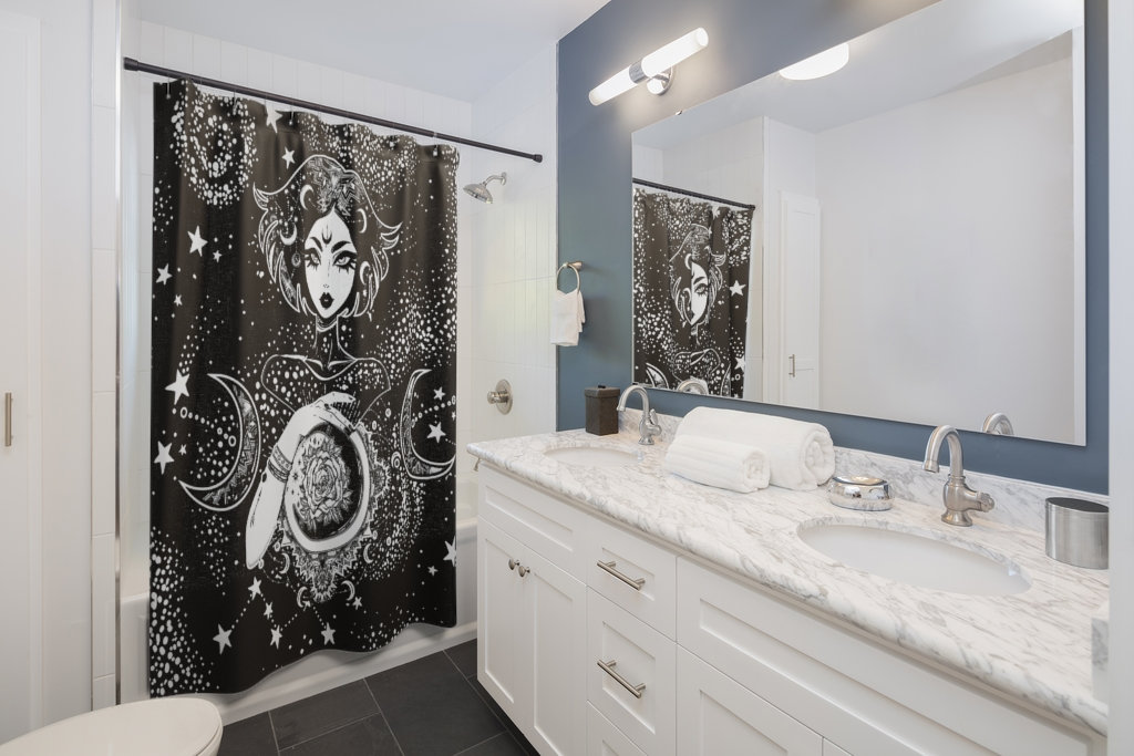 Triple Moon Goddess Print Shower Curtain for Spiritual Bathroom Decor