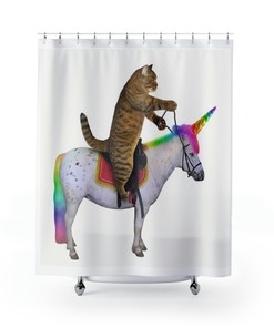 Trippy Cat Art Shower Curtain With Funny Cat Riding Unicorn Design