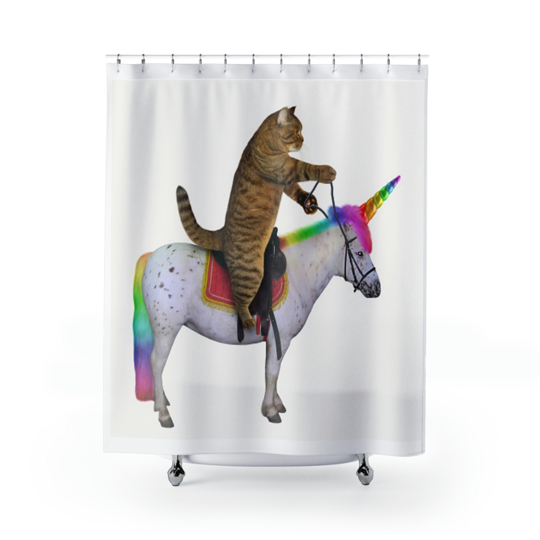 Trippy Cat Art Shower Curtain With Funny Cat Riding Unicorn Design