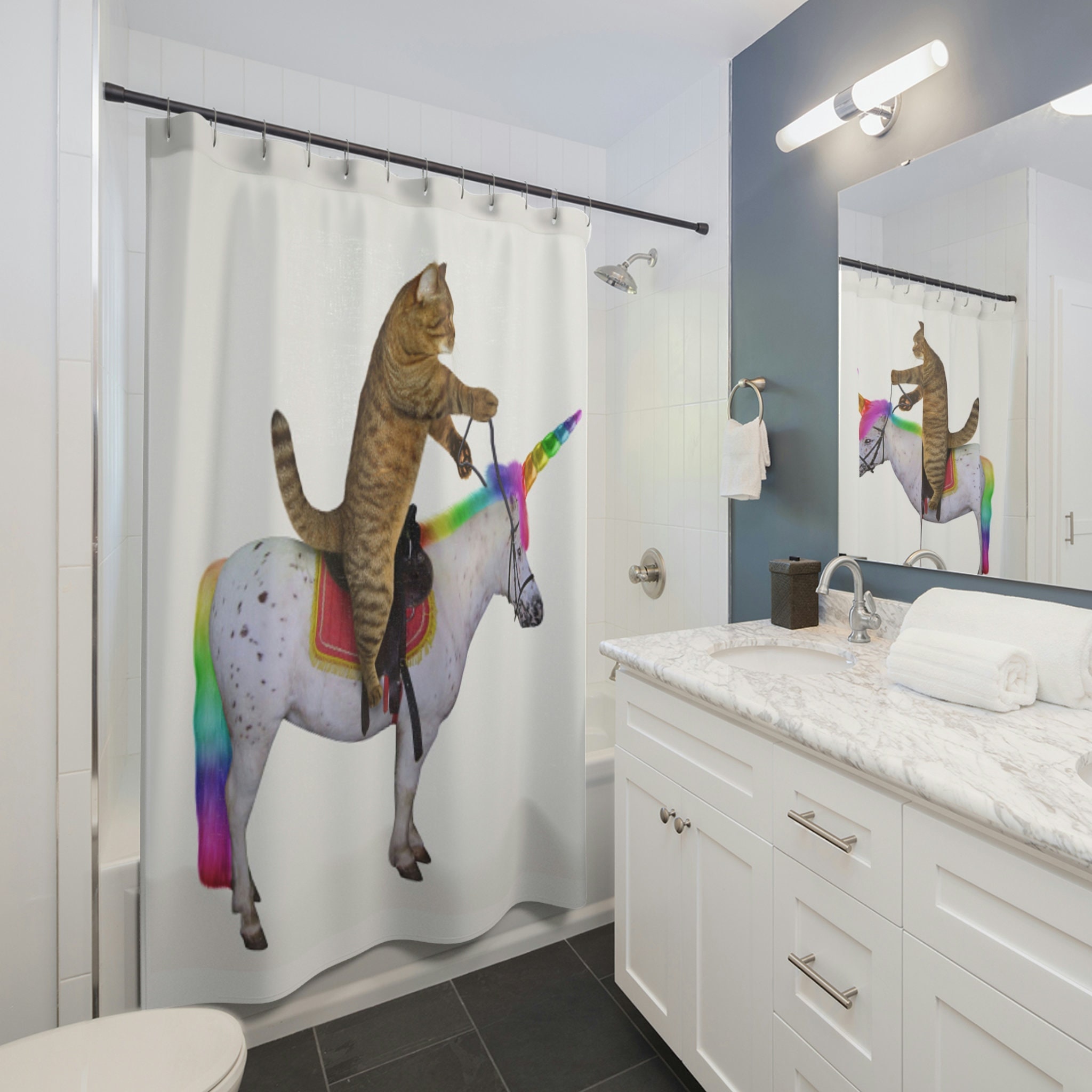 Trippy Cat Art Shower Curtain With Funny Cat Riding Unicorn Design - Image 2