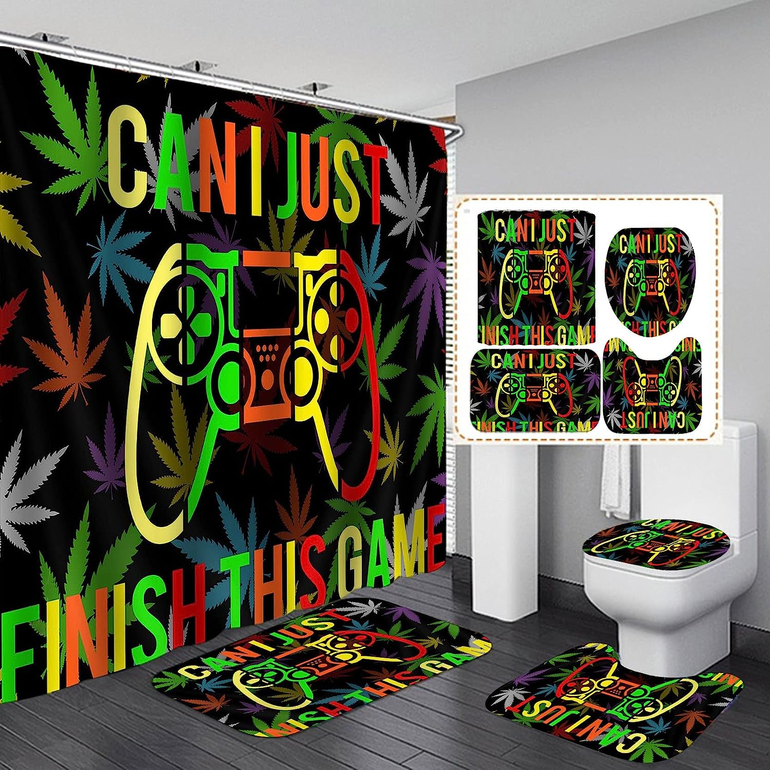 Trippy Gamer Vintage Shower Curtain with Hippie Cannabis Leaf Psychedelic Marijuana Weed - Gaming Bathroom Decor