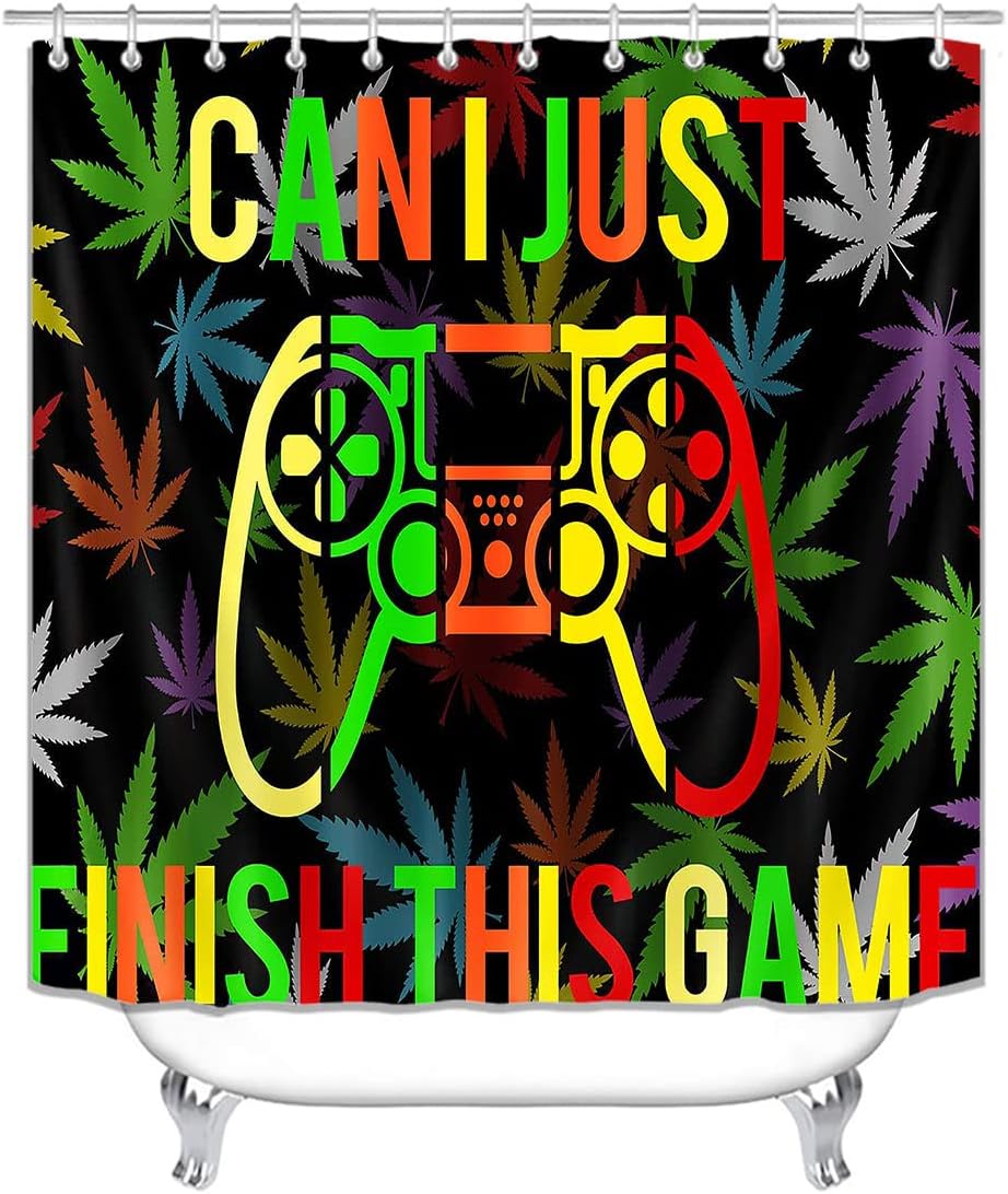 Trippy Gamer Vintage Shower Curtain with Hippie Cannabis Leaf Psychedelic Marijuana Weed - Gaming Bathroom Decor