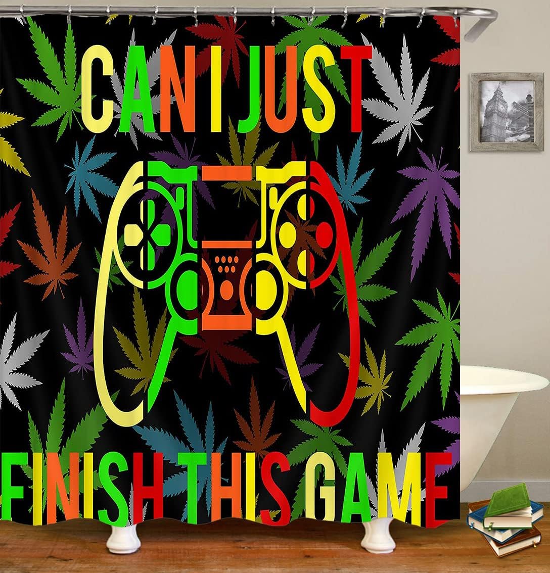 Trippy Gamer Vintage Shower Curtain with Hippie Cannabis Leaf Psychedelic Marijuana Weed - Gaming Bathroom Decor