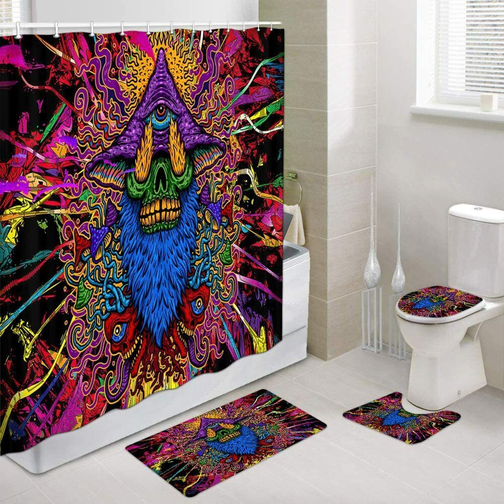 Trippy Hippie Mushroom Skull Shower Curtain, Unique Bathroom Accessory