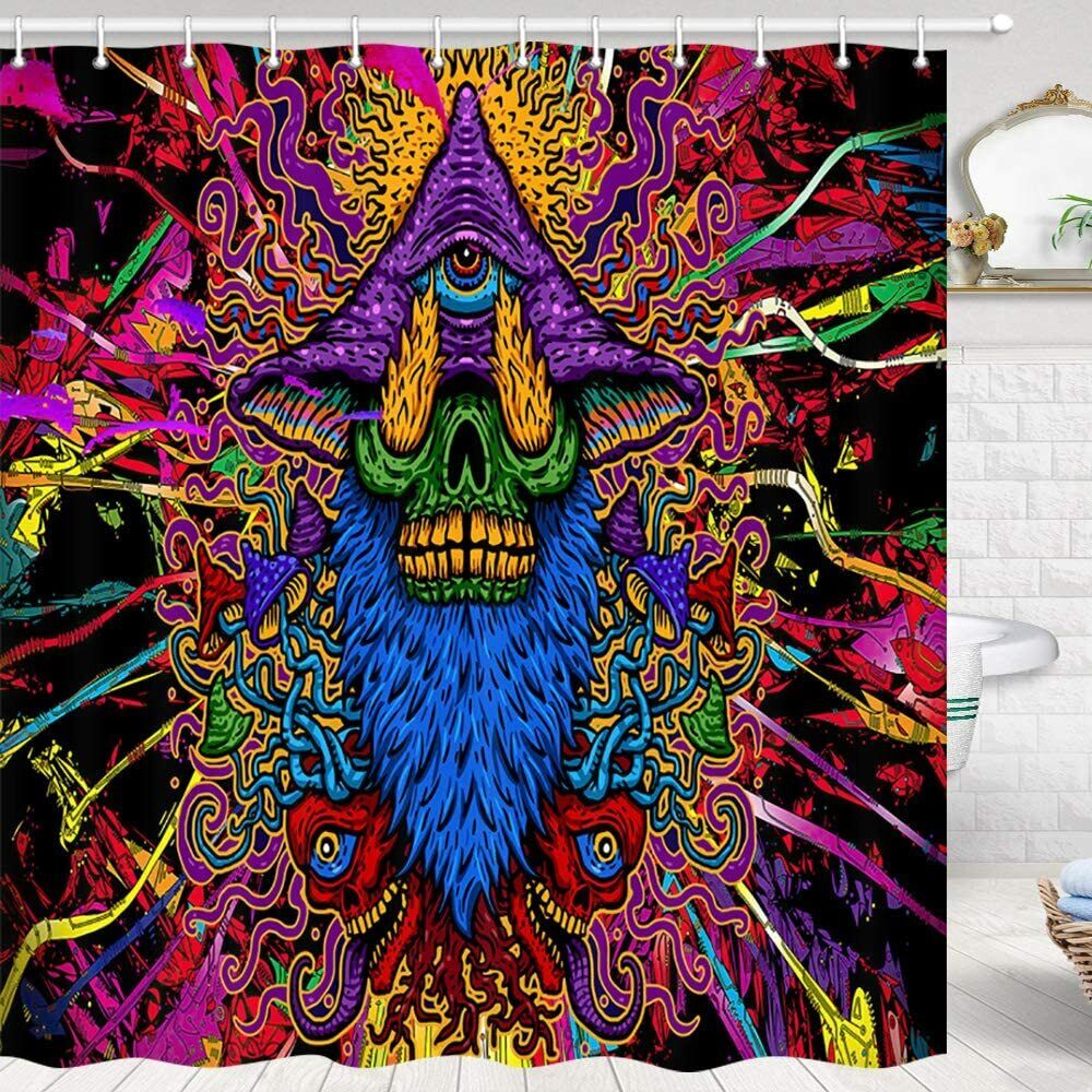 Trippy Hippie Mushroom Skull Shower Curtain, Unique Bathroom Accessory