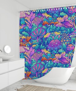 Trippy Magic Mushroom Shower Curtain with Funky Design - Cute and Psychedelic Mushroom Print in Pink and Blue. 