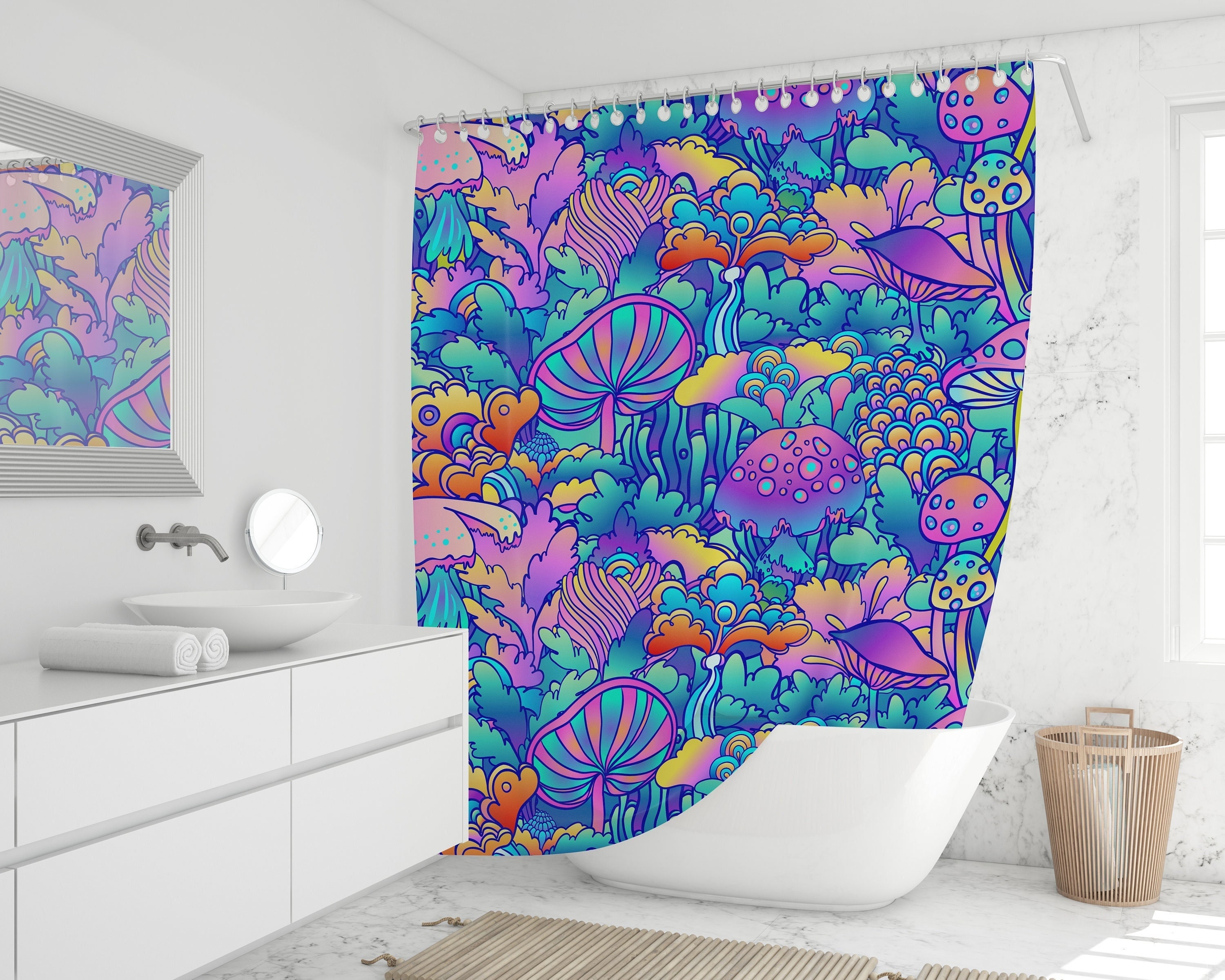 Trippy Magic Mushroom Shower Curtain with Funky Design - Cute and Psychedelic Mushroom Print in Pink and Blue.