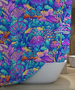 Trippy Magic Mushroom Shower Curtain with Funky Design - Cute and Psychedelic Mushroom Print in Pink and Blue.