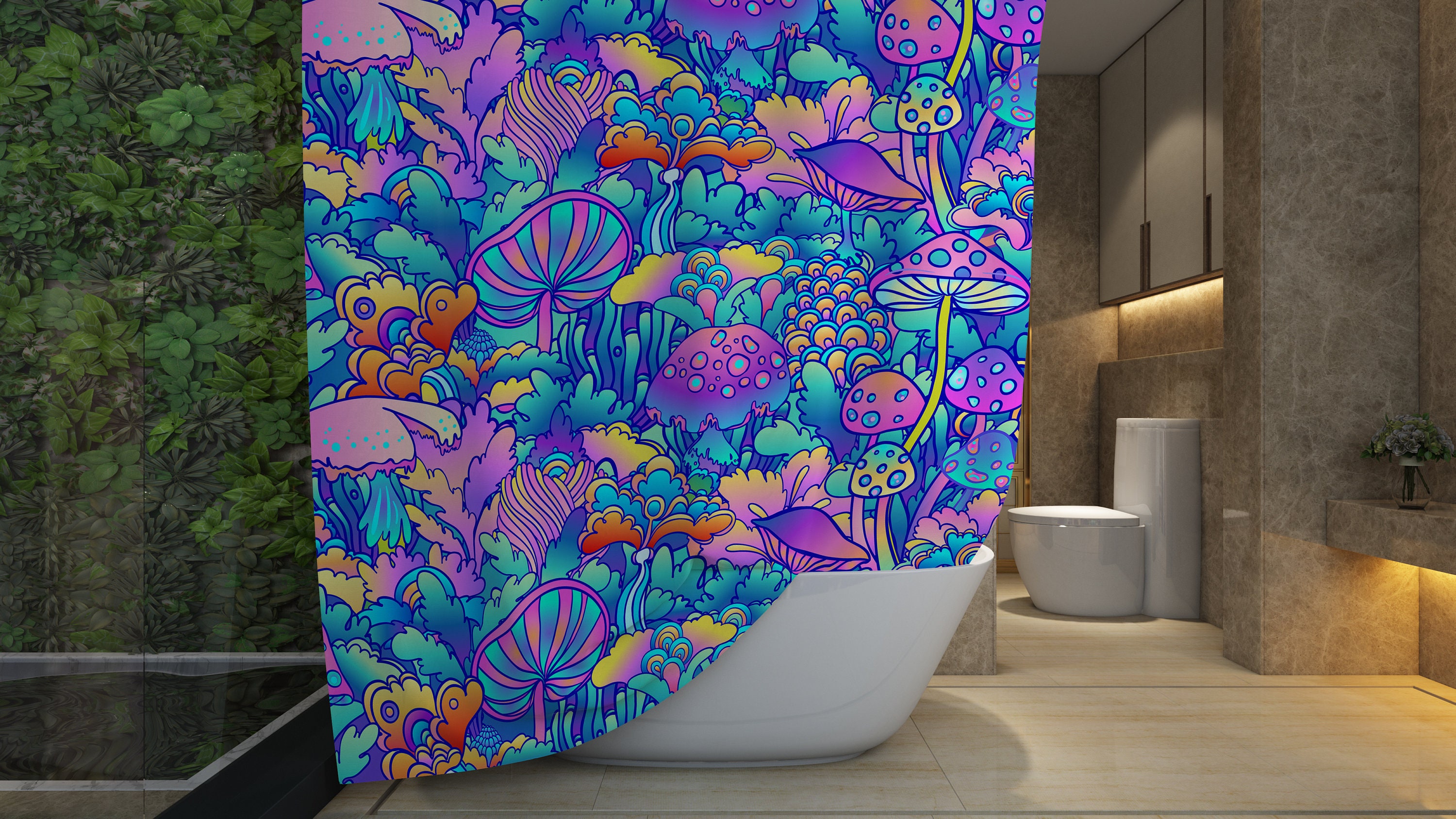 Trippy Magic Mushroom Shower Curtain with Funky Design - Cute and Psychedelic Mushroom Print in Pink and Blue.