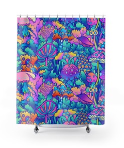 Trippy Magic Mushroom Shower Curtain with Funky Design - Cute and Psychedelic Mushroom Print in Pink and Blue.