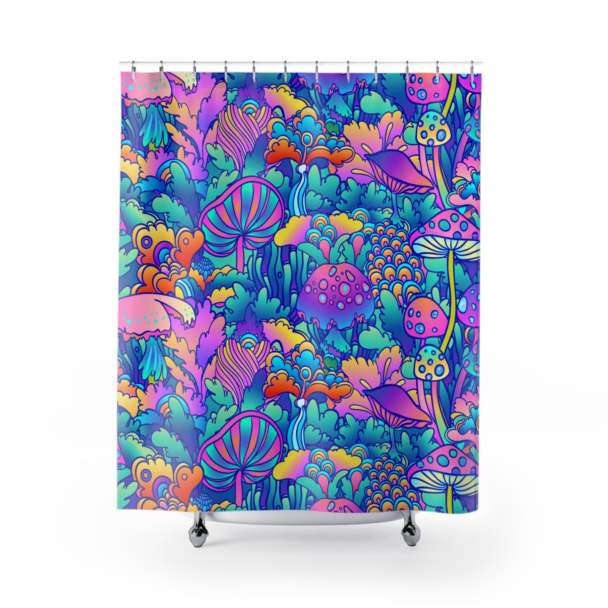 Trippy Magic Mushroom Shower Curtain with Funky Design - Cute and Psychedelic Mushroom Print in Pink and Blue.