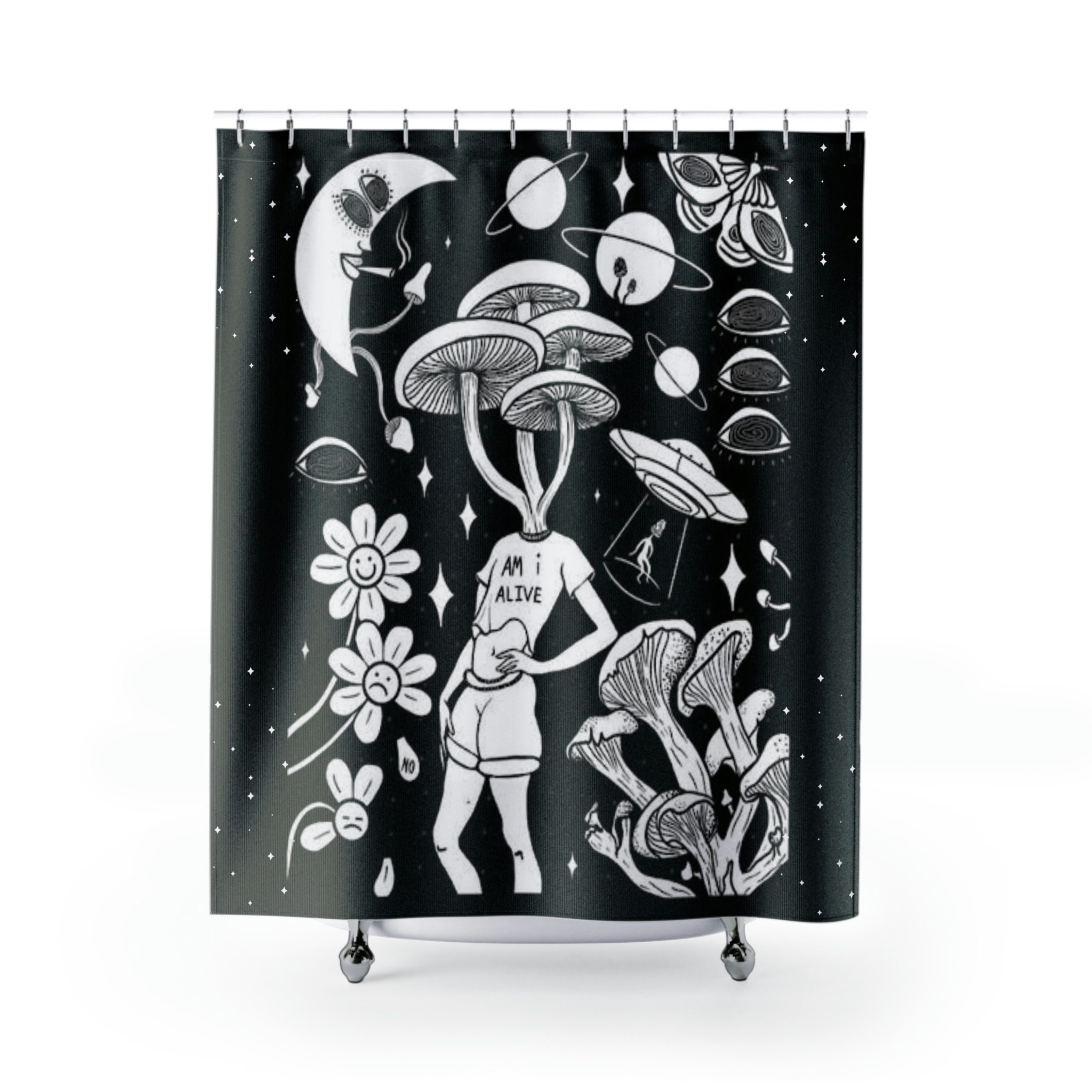 Trippy Mushroom Celestial Shower Curtain For Hippie Bathroom Decor
