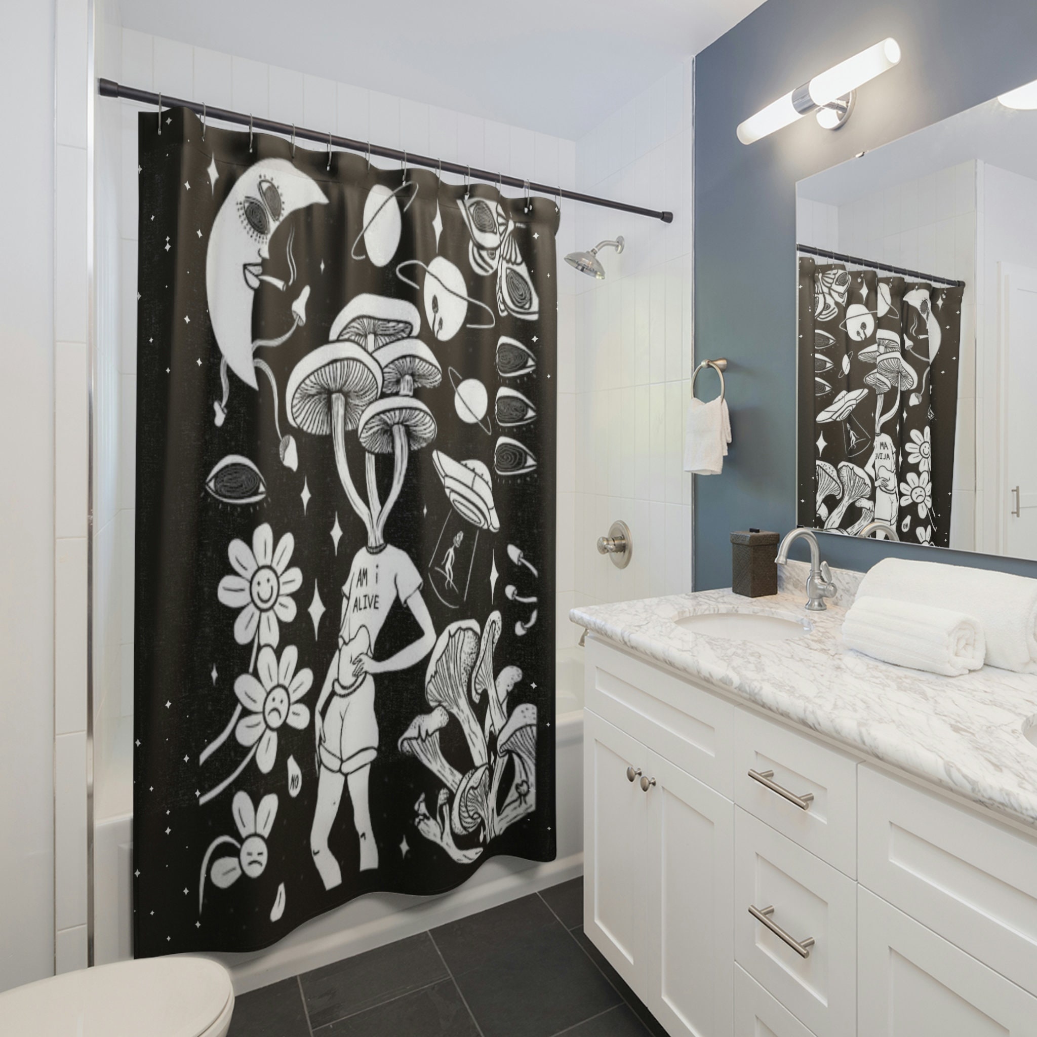 Trippy Mushroom Celestial Shower Curtain For Hippie Bathroom Decor - Image 2