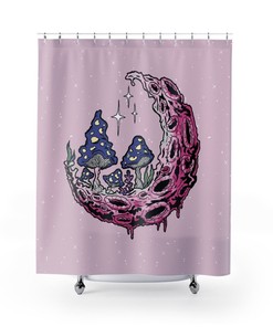 Trippy Mushroom, Moon and Star Print Shower Curtain for Fairy Tale Bathroom