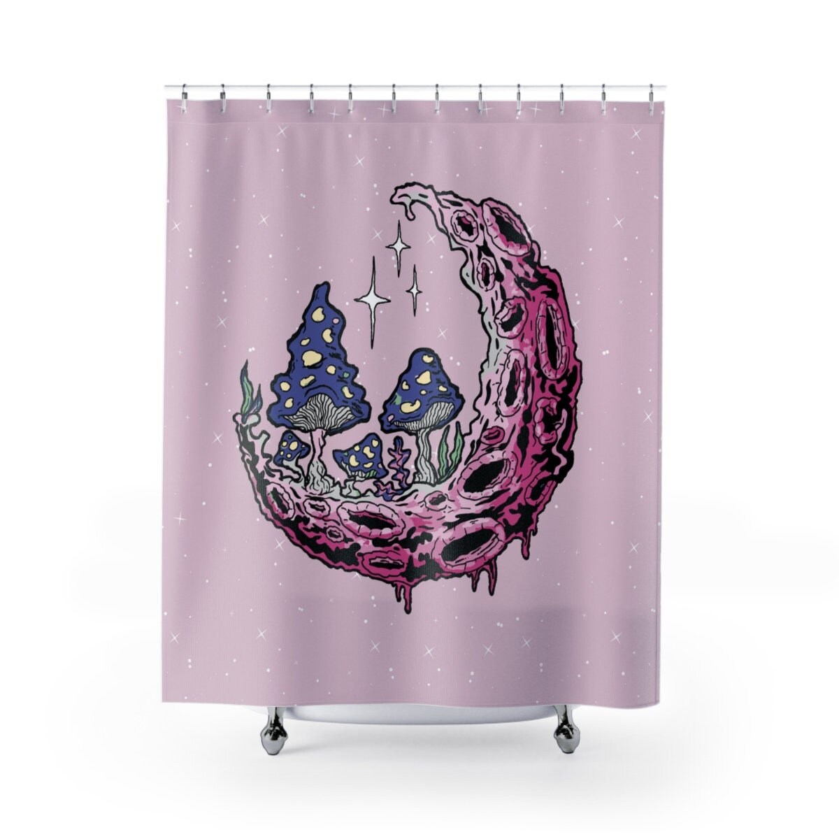 Trippy Mushroom, Moon and Star Print Shower Curtain for Fairy Tale Bathroom