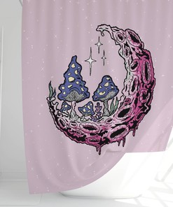 Trippy Mushroom, Moon and Star Print Shower Curtain for Fairy Tale Bathroom