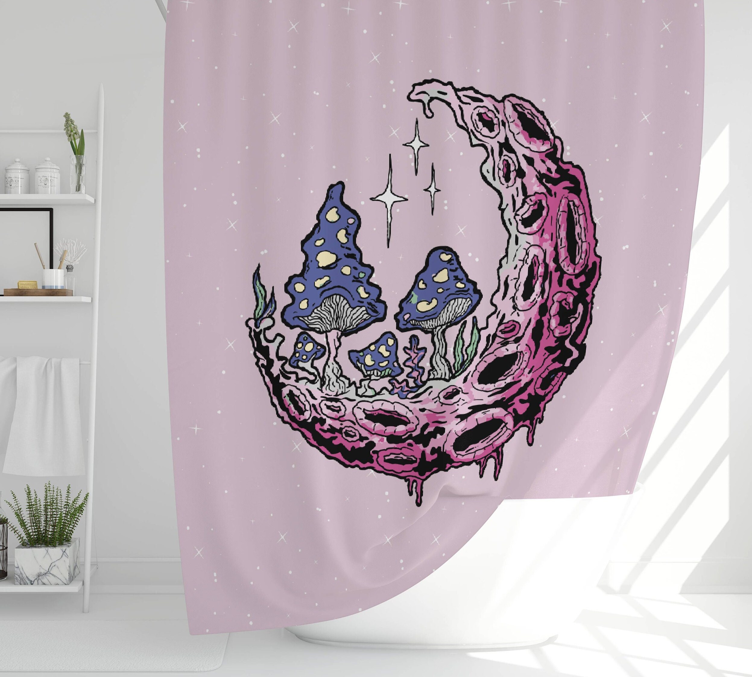 Trippy Mushroom, Moon and Star Print Shower Curtain for Fairy Tale Bathroom