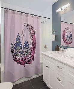 Trippy Mushroom, Moon and Star Print Shower Curtain for Fairy Tale Bathroom