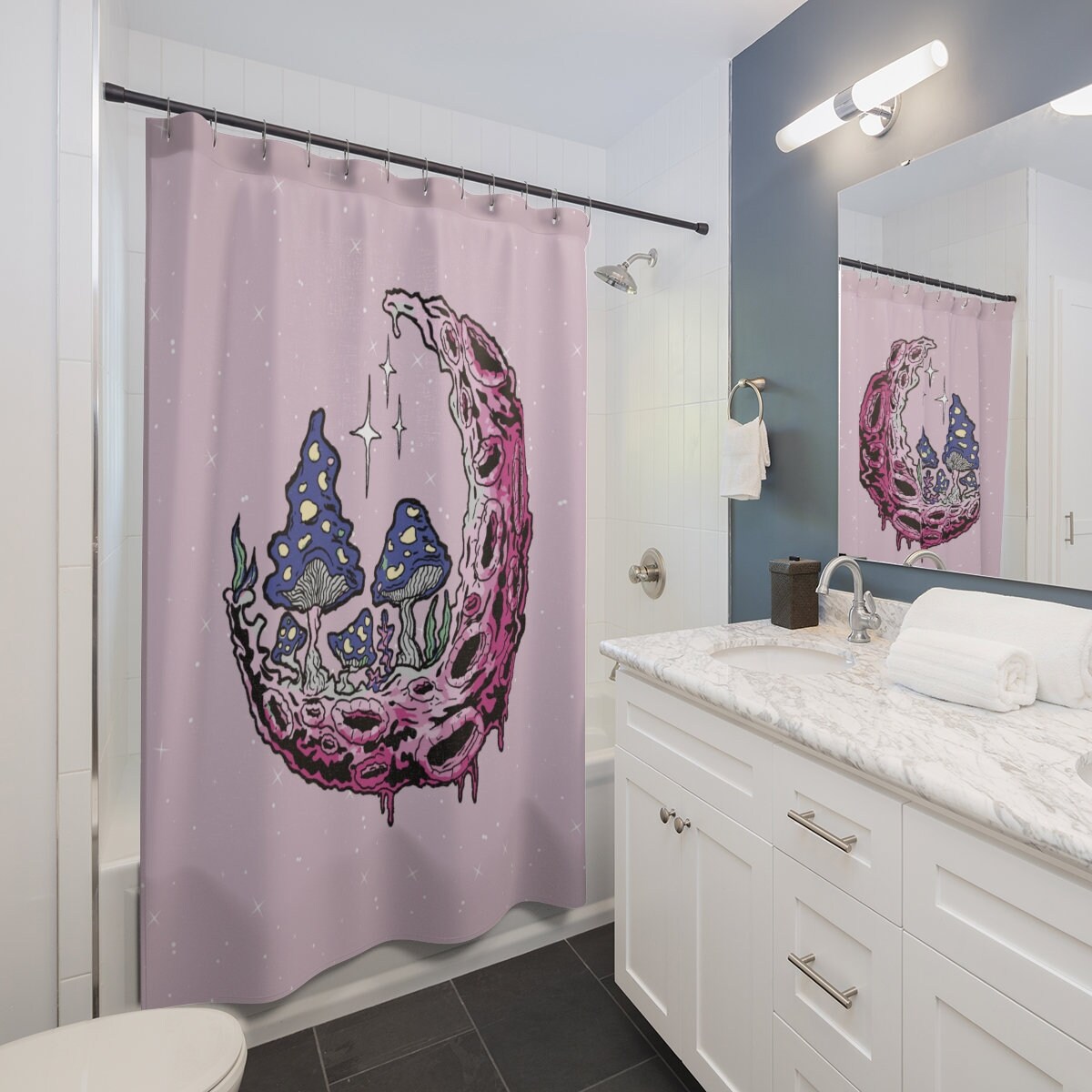 Trippy Mushroom, Moon and Star Print Shower Curtain for Fairy Tale Bathroom