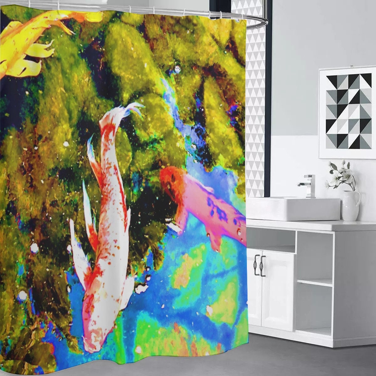 Trippy Pink Koi Fish Shower Curtain, Perfect for Japanese Bathroom Decor