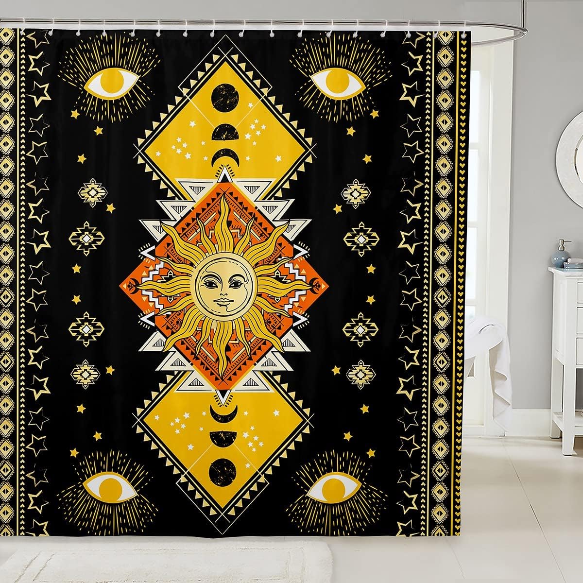 Trippy Sun Moon Stars Shower Curtain for a kid's Bathroom