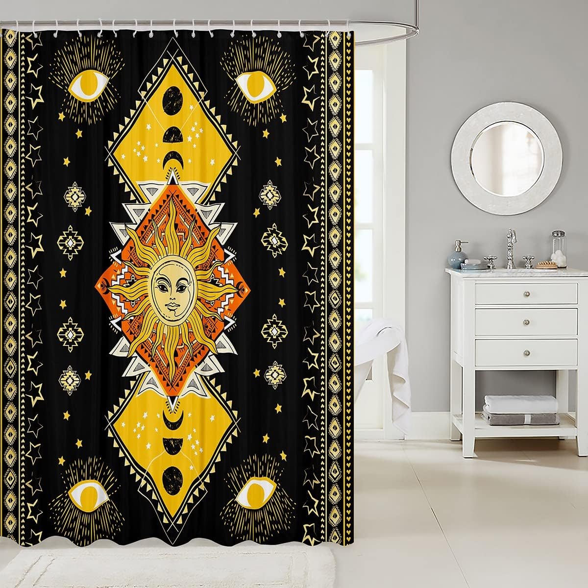 Trippy Sun Moon Stars Shower Curtain for a kid's Bathroom