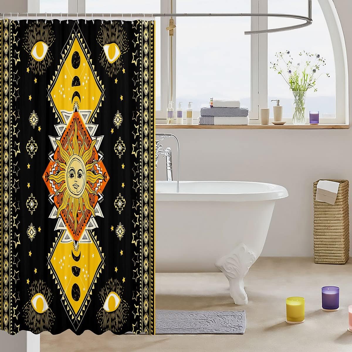 Trippy Sun Moon Stars Shower Curtain for a kid's Bathroom