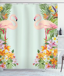 Tropic Flowers And Animals Print Flamingo Shower Curtain For Cute Bathroom Decor