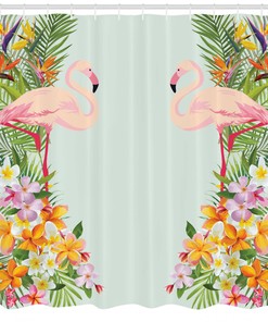 Tropic Flowers And Animals Print Flamingo Shower Curtain For Cute Bathroom Decor