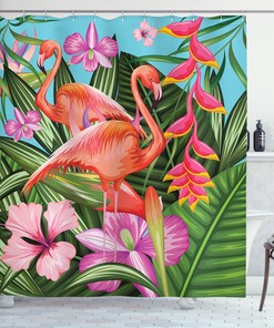 Tropic Hibiscus Flower Print Flamingo Shower Curtain For Tropical Bathroom Decor