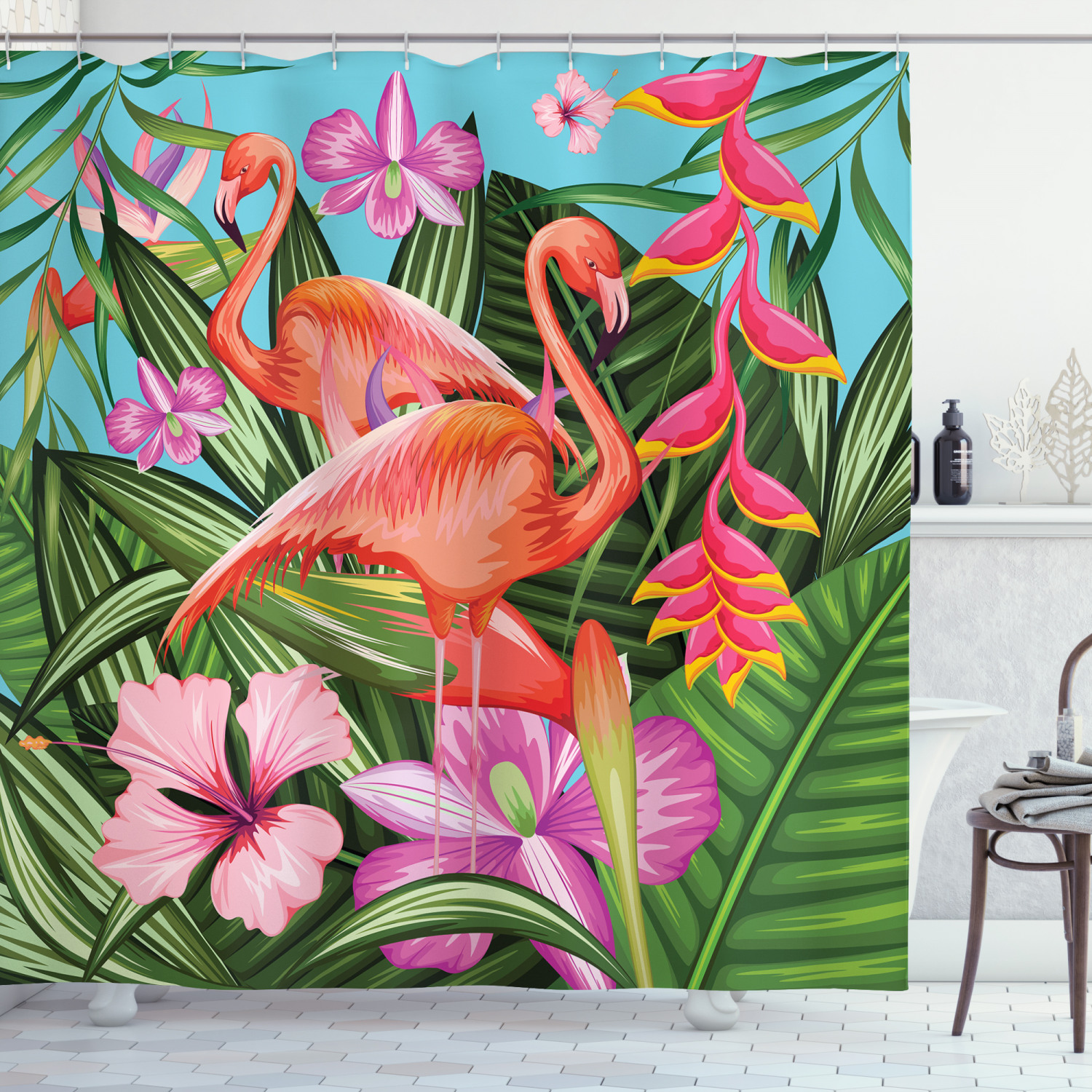 Tropic Hibiscus Flower Print Flamingo Shower Curtain For Tropical Bathroom Decor