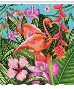 Tropic Hibiscus Flower Print Flamingo Shower Curtain For Tropical Bathroom Decor