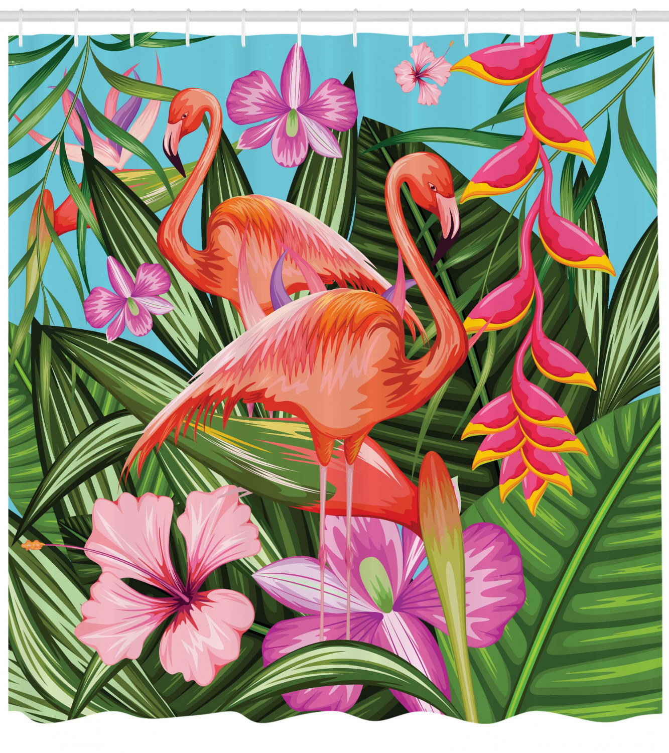Tropic Hibiscus Flower Print Flamingo Shower Curtain For Tropical Bathroom Decor