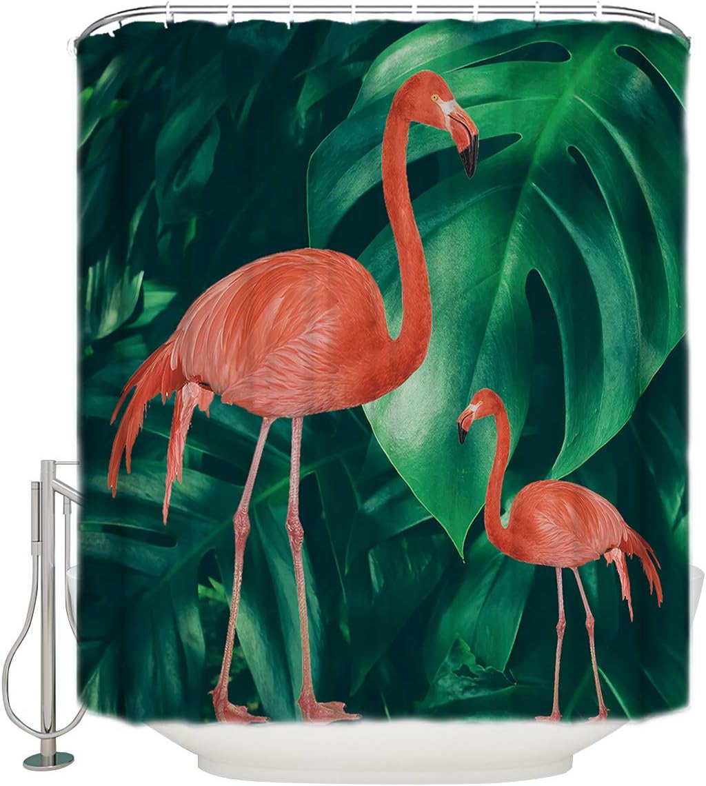 Tropic Plant Banana Palm Leaves Shower Curtain - Flamingo Waterproof Fabric Bathroom Decor with Painting Design
