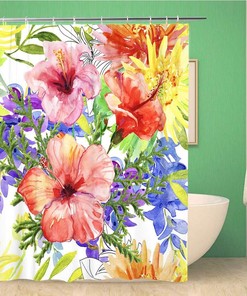 Tropical Abstract Watercolor Flowers Shower Curtain - Waterproof Fabric Bathroom Curtains 
