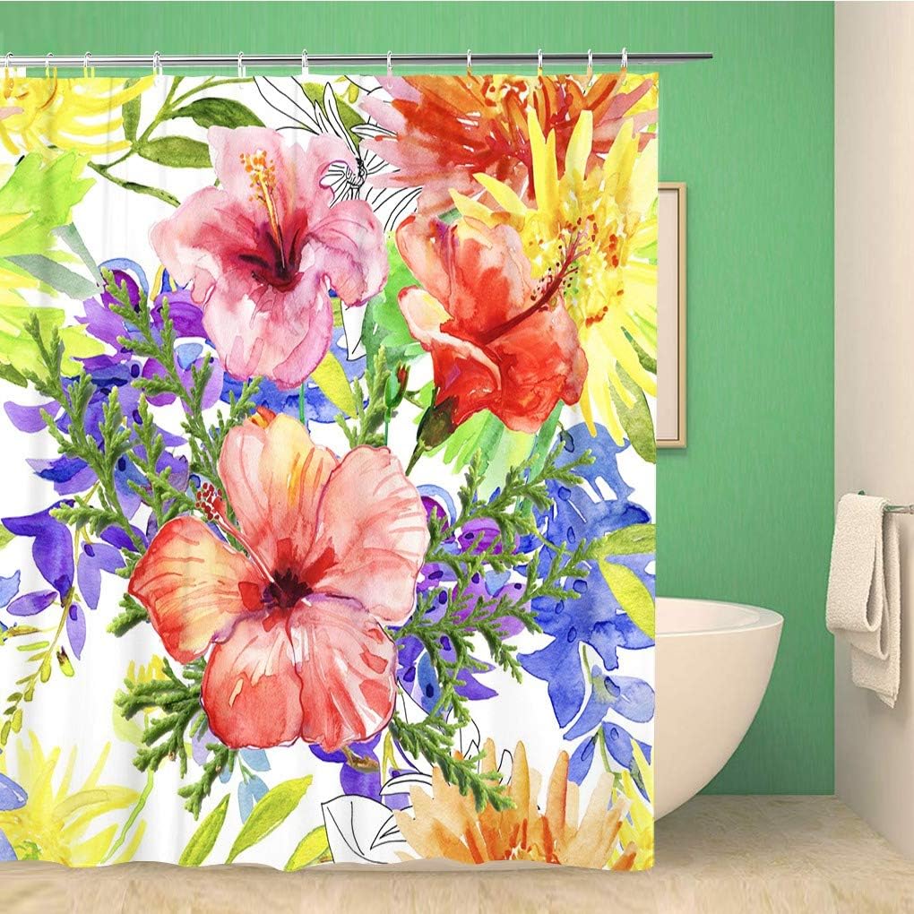 Tropical Abstract Watercolor Flowers Shower Curtain - Waterproof Fabric Bathroom Curtains
